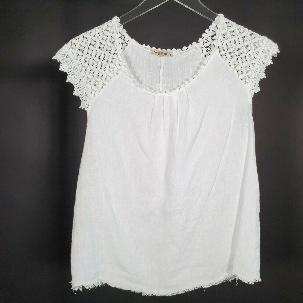 Alessia Pacini S Linen Top Lace Cap Crochet Sleeve Raw Hem White Lagenlook